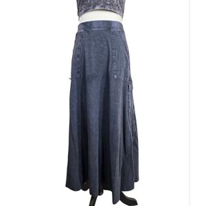 Dot Washed Black Maxi Skirt with Patch Pockets